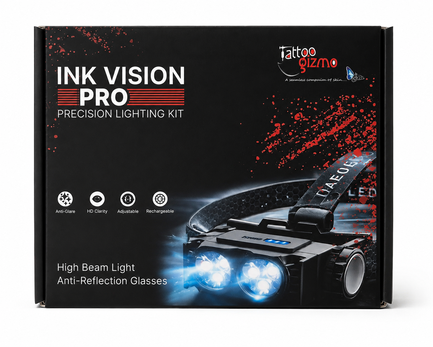 Tattoo Gizmo Ink Vision Pro Precision Lighting Kit – Rechargeable LED Head Lamp with Anti-Reflection Glasses
